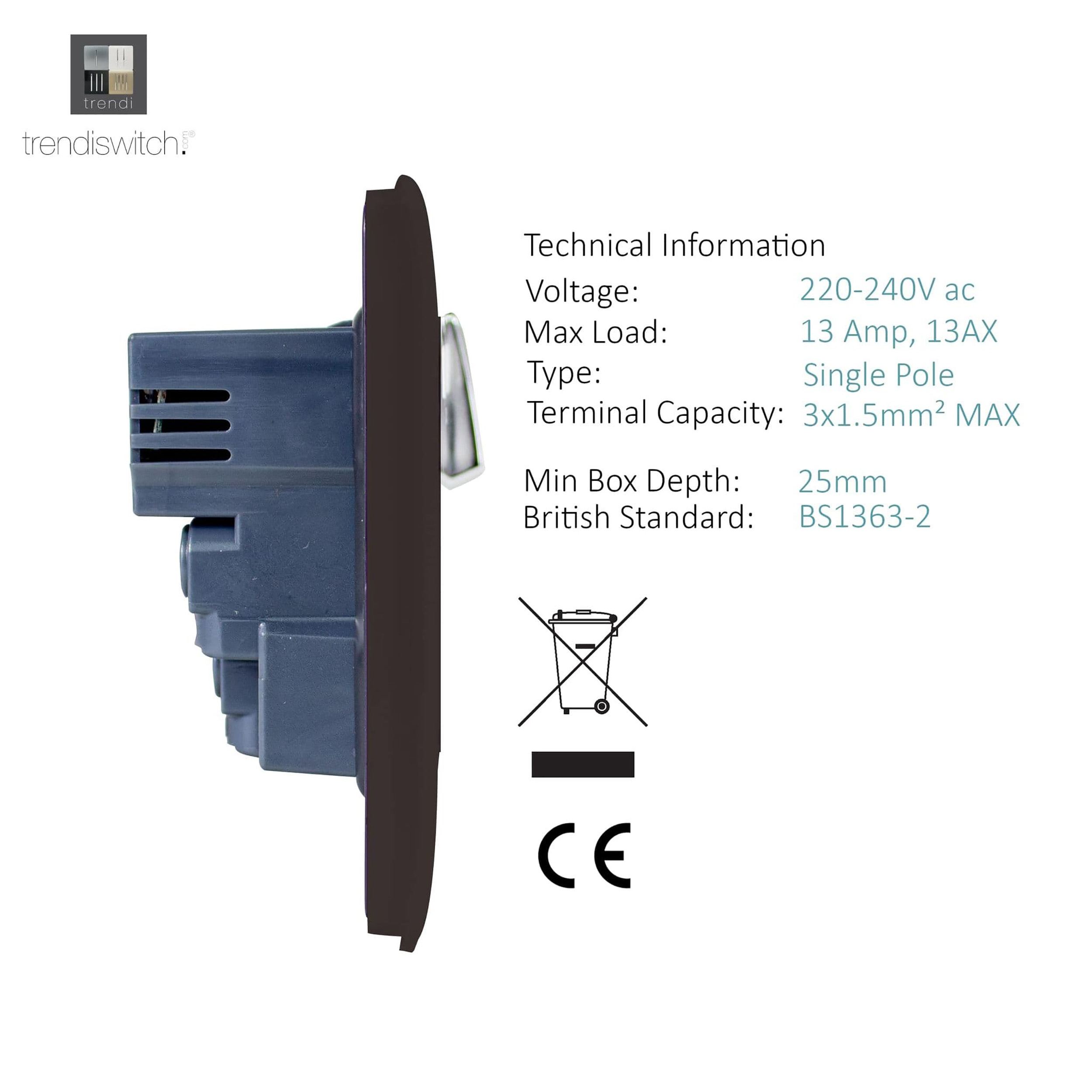 1 Gang Switched Single Socket 13A With 2 x USB-A 10W (Shared) With Neon Insert Dark Brown ART-SKT13USBDB  Trendi Dark Brown